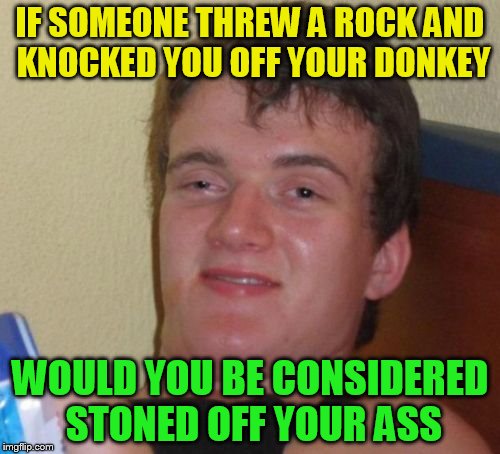 10 Guy | IF SOMEONE THREW A ROCK AND KNOCKED YOU OFF YOUR DONKEY; WOULD YOU BE CONSIDERED STONED OFF YOUR ASS | image tagged in memes,10 guy,donkey,stoned,rock,funny memes | made w/ Imgflip meme maker