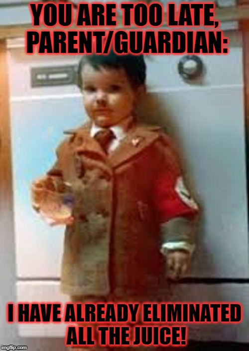 Kids. You can't take your eyes off them for a minute, can you? | YOU ARE TOO LATE, PARENT/GUARDIAN:; I HAVE ALREADY ELIMINATED ALL THE JUICE! | image tagged in hitler,jews,halloween | made w/ Imgflip meme maker