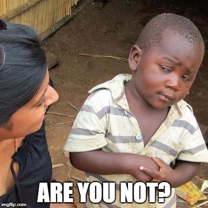 ARE YOU NOT? | image tagged in memes,third world skeptical kid | made w/ Imgflip meme maker