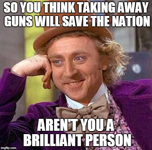 Creepy Condescending Wonka | SO YOU THINK TAKING AWAY GUNS WILL SAVE THE NATION; AREN'T YOU A BRILLIANT PERSON | image tagged in memes,creepy condescending wonka | made w/ Imgflip meme maker