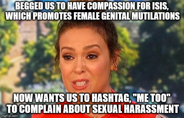 #MeToo Alyssa Milano status | BEGGED US TO HAVE COMPASSION FOR ISIS, WHICH PROMOTES FEMALE GENITAL MUTILATIONS; NOW WANTS US TO HASHTAG, "ME TOO" TO COMPLAIN ABOUT SEXUAL HARASSMENT | image tagged in metoo alyssa milano status | made w/ Imgflip meme maker