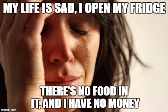 It's sad but true | MY LIFE IS SAD, I OPEN MY FRIDGE; THERE'S NO FOOD IN IT, AND I HAVE NO MONEY | image tagged in memes,first world problems,broke,no money,fridge | made w/ Imgflip meme maker