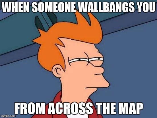 Futurama Fry | WHEN SOMEONE WALLBANGS YOU; FROM ACROSS THE MAP | image tagged in memes,futurama fry | made w/ Imgflip meme maker