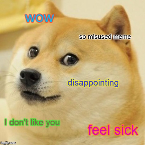 Doge Meme | wow so misused meme disappointing I don't like you feel sick | image tagged in memes,doge | made w/ Imgflip meme maker