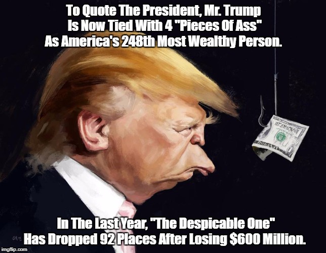 To Quote The President, Mr. Trump Is Now Tied With 4 "Pieces Of Ass" As America's 248th Most Wealthy Person. In The Last Year, "The Despicab | made w/ Imgflip meme maker