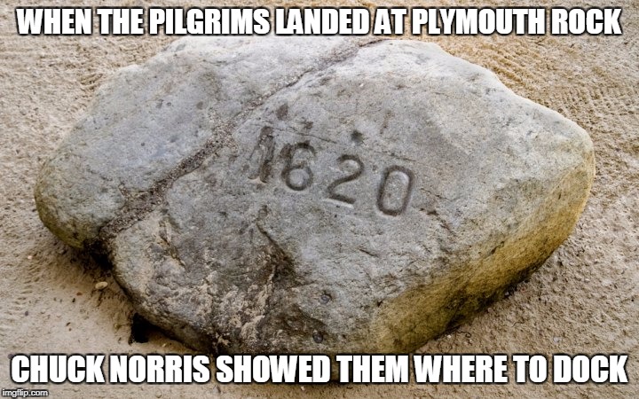 Chuck Norris Plymouth Rock | WHEN THE PILGRIMS LANDED AT PLYMOUTH ROCK; CHUCK NORRIS SHOWED THEM WHERE TO DOCK | image tagged in chuck norris,memes,pilgrims | made w/ Imgflip meme maker