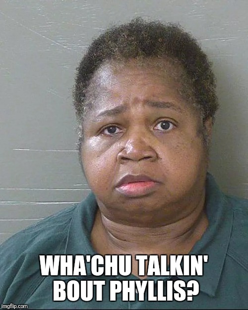 I DINDU NUFFINS! | WHA'CHU TALKIN' BOUT PHYLLIS? | image tagged in fat woman,blm,stupid humor,sassy black woman | made w/ Imgflip meme maker