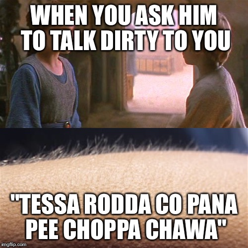 WHEN YOU ASK HIM TO TALK DIRTY TO YOU; "TESSA RODDA CO PANA PEE CHOPPA CHAWA" | made w/ Imgflip meme maker