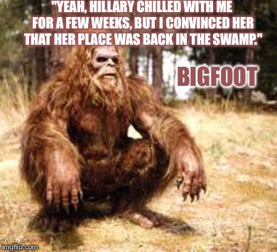 bigfoot | "YEAH, HILLARY CHILLED WITH ME FOR A FEW WEEKS, BUT I CONVINCED HER THAT HER PLACE WAS BACK IN THE SWAMP."; BIGFOOT | image tagged in bigfoot | made w/ Imgflip meme maker