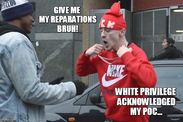 GIVE ME MY REPARATIONS BRUH! WHITE PRIVILEGE ACKNOWLEDGED MY POC... | made w/ Imgflip meme maker