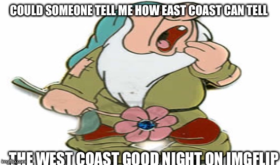 Sleepy | COULD SOMEONE TELL ME HOW EAST COAST CAN TELL; THE WEST COAST GOOD NIGHT ON IMGFLIP | image tagged in sleepy | made w/ Imgflip meme maker