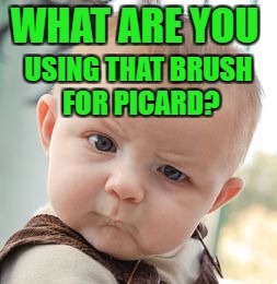 Skeptical Baby Meme | WHAT ARE YOU USING THAT BRUSH FOR PICARD? | image tagged in memes,skeptical baby | made w/ Imgflip meme maker