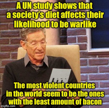 This explains a lot | A UN study shows that a society’s diet affects their likelihood to be warlike; The most violent countries in the world seem to be the ones with the least amount of bacon | image tagged in memes,maury lie detector,bacon,terrorists | made w/ Imgflip meme maker