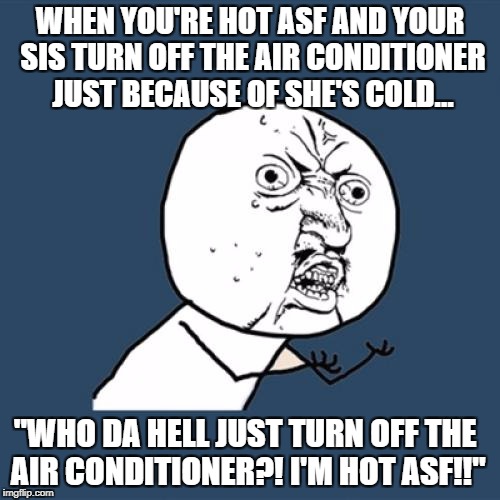 Y U No Meme | WHEN YOU'RE HOT ASF AND YOUR SIS TURN OFF THE AIR CONDITIONER JUST BECAUSE OF SHE'S COLD... "WHO DA HELL JUST TURN OFF THE AIR CONDITIONER?! I'M HOT ASF!!" | image tagged in memes,y u no | made w/ Imgflip meme maker