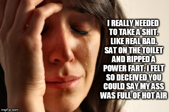 depression week | I REALLY NEEDED TO TAKE A SHIT. LIKE REAL BAD. SAT ON THE TOILET AND RIPPED A POWER FART. I FELT SO DECEIVED YOU COULD SAY MY ASS WAS FULL OF HOT AIR | image tagged in memes,first world problems,fart,shart,shit,farts | made w/ Imgflip meme maker