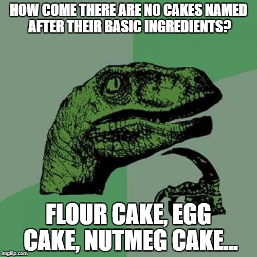 Philosoraptor | HOW COME THERE ARE NO CAKES NAMED AFTER THEIR BASIC INGREDIENTS? FLOUR CAKE, EGG CAKE, NUTMEG CAKE... | image tagged in memes,philosoraptor | made w/ Imgflip meme maker