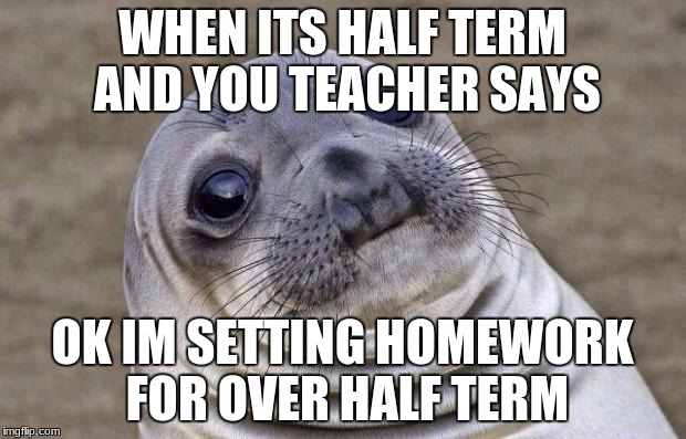 Awkward Moment Sealion | WHEN ITS HALF TERM AND YOU TEACHER SAYS; OK IM SETTING HOMEWORK FOR OVER HALF TERM | image tagged in memes,awkward moment sealion | made w/ Imgflip meme maker