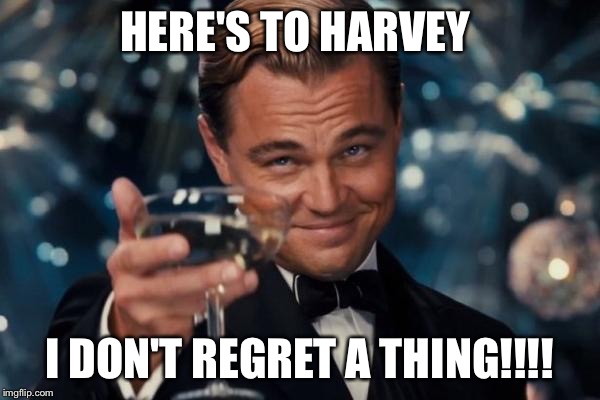 Leonardo Dicaprio Cheers | HERE'S TO HARVEY; I DON'T REGRET A THING!!!! | image tagged in memes,leonardo dicaprio cheers | made w/ Imgflip meme maker