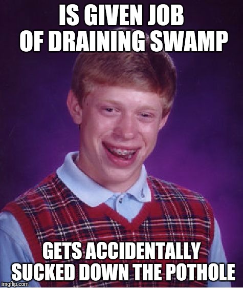 Bad Luck Brian Meme | IS GIVEN JOB OF DRAINING SWAMP; GETS ACCIDENTALLY SUCKED DOWN THE POTHOLE | image tagged in memes,bad luck brian | made w/ Imgflip meme maker