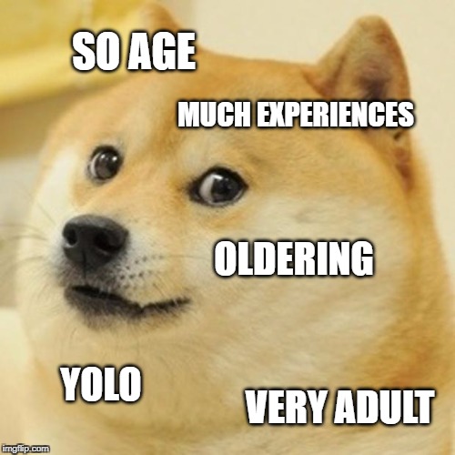 Birthday | SO AGE; MUCH EXPERIENCES; OLDERING; YOLO; VERY ADULT | image tagged in memes,doge,birthday | made w/ Imgflip meme maker