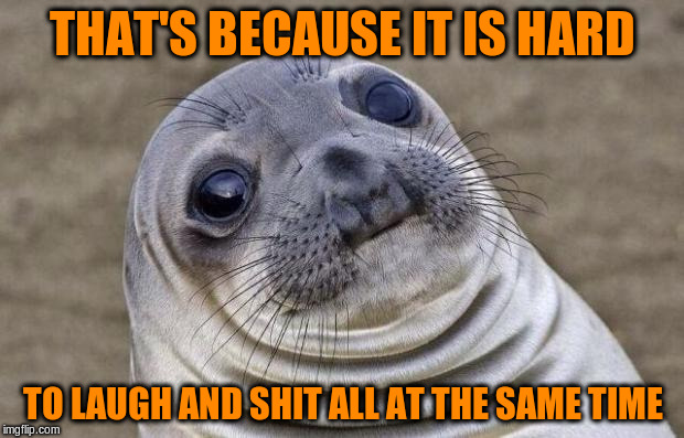 Awkward Moment Sealion Meme | THAT'S BECAUSE IT IS HARD TO LAUGH AND SHIT ALL AT THE SAME TIME | image tagged in memes,awkward moment sealion | made w/ Imgflip meme maker