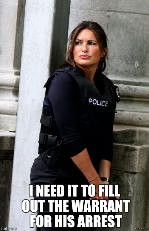 I NEED IT TO FILL OUT THE WARRANT FOR HIS ARREST | image tagged in mariska hargitay s | made w/ Imgflip meme maker