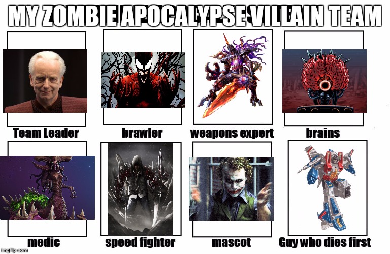 My Zombie Apocalypse Team | MY ZOMBIE APOCALYPSE VILLAIN TEAM | image tagged in my zombie apocalypse team | made w/ Imgflip meme maker