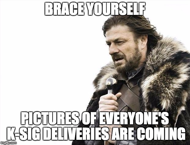 Brace Yourselves X is Coming Meme | BRACE YOURSELF; PICTURES OF EVERYONE'S K-SIG DELIVERIES ARE COMING | image tagged in memes,brace yourselves x is coming | made w/ Imgflip meme maker