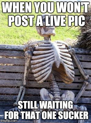 Waiting Skeleton | WHEN YOU WON'T POST A LIVE PIC; STILL WAITING FOR THAT ONE SUCKER | image tagged in memes,waiting skeleton | made w/ Imgflip meme maker