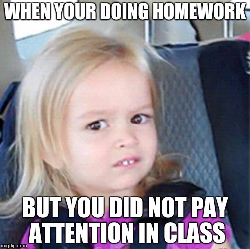 Confused Little Girl | WHEN YOUR DOING HOMEWORK; BUT YOU DID NOT PAY ATTENTION IN CLASS | image tagged in confused little girl | made w/ Imgflip meme maker