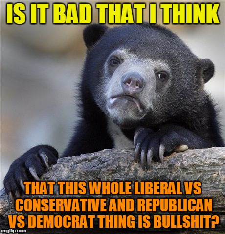 Why don't we instead take capitalism,politics and the entire pop culture down?They're all poison anyway |  IS IT BAD THAT I THINK; THAT THIS WHOLE LIBERAL VS CONSERVATIVE AND REPUBLICAN VS DEMOCRAT THING IS BULLSHIT? | image tagged in memes,confession bear,liberal vs conservative,republicans,democrat,politics | made w/ Imgflip meme maker