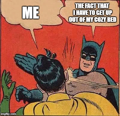 Batman Slapping Robin Meme | ME; THE FACT THAT I HAVE TO GET UP OUT OF MY COZY BED | image tagged in memes,batman slapping robin | made w/ Imgflip meme maker