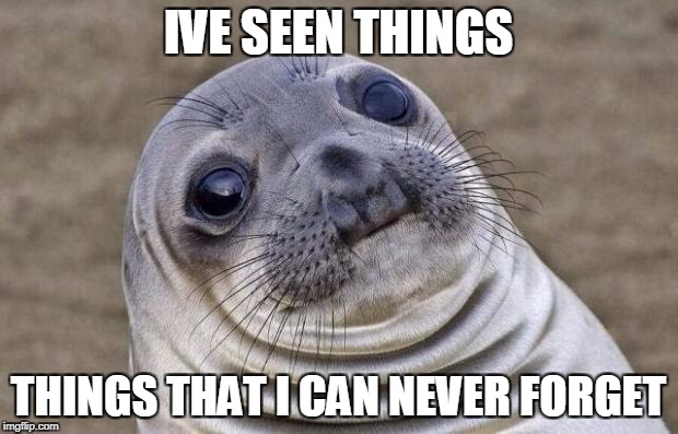 Awkward Moment Sealion | IVE SEEN THINGS; THINGS THAT I CAN NEVER FORGET | image tagged in memes,awkward moment sealion | made w/ Imgflip meme maker