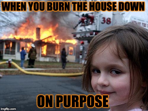 Disaster Girl | WHEN YOU BURN THE HOUSE DOWN; ON PURPOSE | image tagged in memes,disaster girl | made w/ Imgflip meme maker