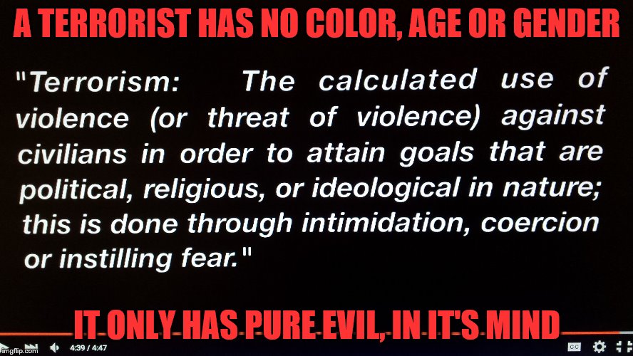 Terror | A TERRORIST HAS NO COLOR, AGE OR GENDER; IT ONLY HAS PURE EVIL, IN IT'S MIND | image tagged in terror | made w/ Imgflip meme maker