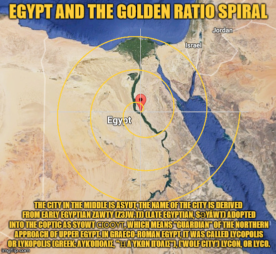 Egypt and the golden ratio spiral. | EGYPT AND THE GOLDEN RATIO SPIRAL; THE CITY IN THE MIDDLE IS ASYUT, THE NAME OF THE CITY IS DERIVED FROM EARLY EGYPTIAN ZAWTY (Z3JW.TJ) (LATE EGYPTIAN, SƏYÁWT) ADOPTED INTO THE COPTIC AS SYOWT ⲤⲒⲞⲞⲨⲦ, WHICH MEANS "GUARDIAN" OF THE NORTHERN APPROACH OF UPPER EGYPT. IN GRAECO-ROMAN EGYPT, IT WAS CALLED LYCOPOLIS OR LYKOPOLIS (GREEK: ΛΥΚΌΠΟΛΙΣ, "Ἡ ΛΎΚΩΝ ΠΌΛΙΣ"), ('WOLF CITY') LYCON, OR LYCO. | image tagged in egypt,the golden ratio,wolf,city,guardian,borders | made w/ Imgflip meme maker