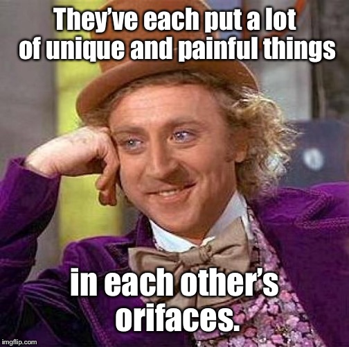 Creepy Condescending Wonka Meme | They’ve each put a lot of unique and painful things in each other’s orifaces. | image tagged in memes,creepy condescending wonka | made w/ Imgflip meme maker