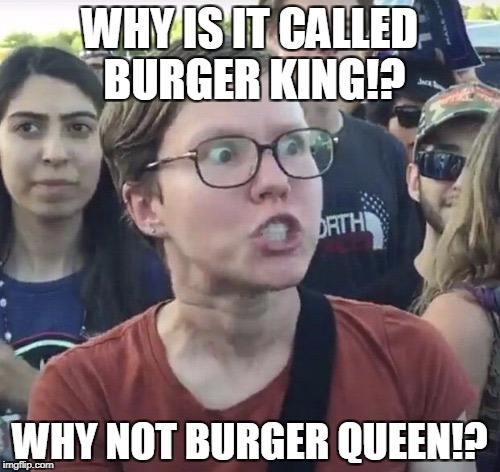 which is why she hates burgers | WHY IS IT CALLED BURGER KING!? WHY NOT BURGER QUEEN!? | image tagged in triggered feminist,meme,comedy,burger king | made w/ Imgflip meme maker