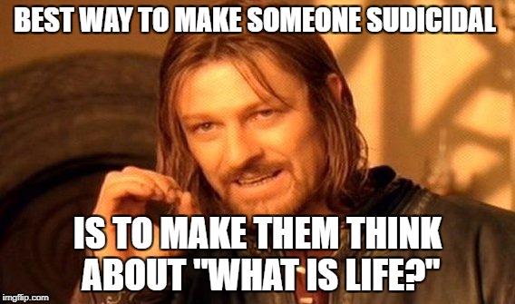 Time for someone to become Suicidal (Just joking)  | BEST WAY TO MAKE SOMEONE SUDICIDAL; IS TO MAKE THEM THINK ABOUT "WHAT IS LIFE?" | image tagged in memes,one does not simply | made w/ Imgflip meme maker