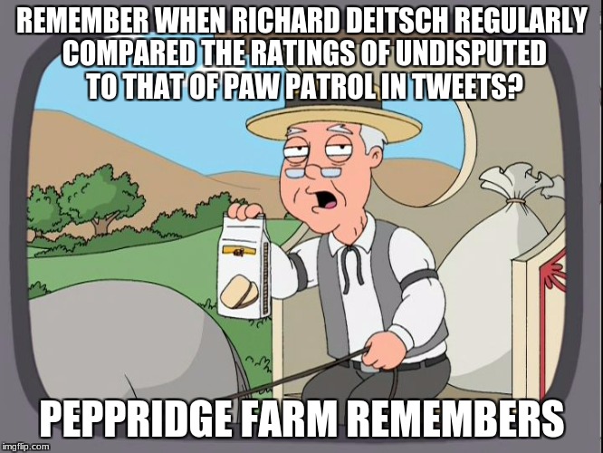 A Ratings Hawt Taek, brought to you by Peppridge Farms | REMEMBER WHEN RICHARD DEITSCH REGULARLY COMPARED THE RATINGS OF UNDISPUTED TO THAT OF PAW PATROL IN TWEETS? PEPPRIDGE FARM REMEMBERS | image tagged in peppridge farms remembers | made w/ Imgflip meme maker