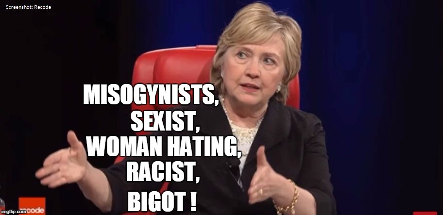 Conspiracy Hillary | MISOGYNISTS, BIGOT ! RACIST, WOMAN HATING, SEXIST, | image tagged in conspiracy hillary | made w/ Imgflip meme maker
