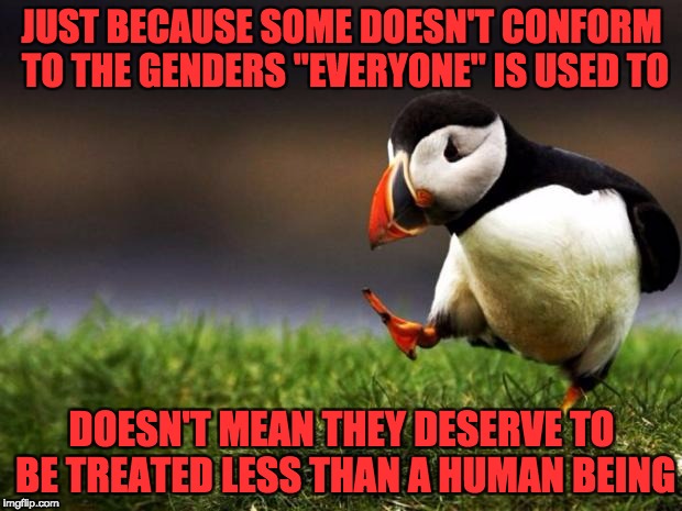JUST BECAUSE SOME DOESN'T CONFORM TO THE GENDERS "EVERYONE" IS USED TO DOESN'T MEAN THEY DESERVE TO BE TREATED LESS THAN A HUMAN BEING | made w/ Imgflip meme maker