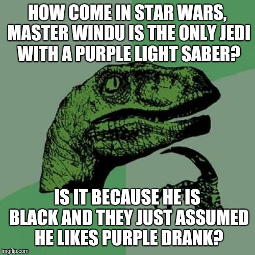 Philosoraptor | HOW COME IN STAR WARS, MASTER WINDU IS THE ONLY JEDI WITH A PURPLE LIGHT SABER? IS IT BECAUSE HE IS BLACK AND THEY JUST ASSUMED HE LIKES PURPLE DRANK? | image tagged in memes,philosoraptor | made w/ Imgflip meme maker