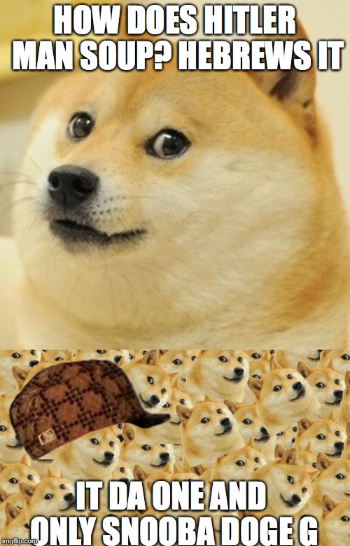 Doges doges everywhere | HOW DOES HITLER MAN SOUP? HEBREWS IT; IT DA ONE AND ONLY SNOOBA DOGE G | image tagged in doge,multi doge | made w/ Imgflip meme maker