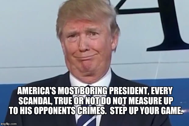 donald trump |  AMERICA'S MOST BORING PRESIDENT, EVERY SCANDAL, TRUE OR NOT DO NOT MEASURE UP TO HIS OPPONENTS CRIMES.  STEP UP YOUR GAME. | image tagged in donald trump | made w/ Imgflip meme maker