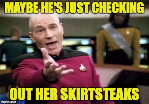 Picard Wtf Meme | MAYBE HE'S JUST CHECKING OUT HER SKIRTSTEAKS | image tagged in memes,picard wtf | made w/ Imgflip meme maker