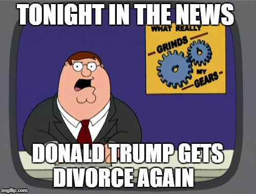 Peter Griffin News Meme | TONIGHT IN THE NEWS; DONALD TRUMP GETS DIVORCE AGAIN | image tagged in memes,peter griffin news | made w/ Imgflip meme maker
