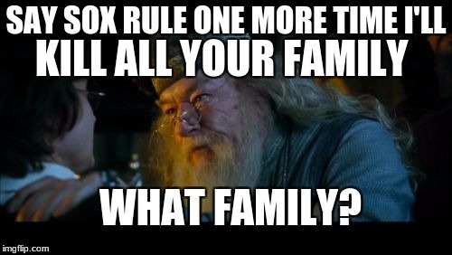 Angry Dumbledore | SAY SOX RULE ONE MORE TIME I'LL; KILL ALL YOUR FAMILY; WHAT FAMILY? | image tagged in memes,angry dumbledore | made w/ Imgflip meme maker