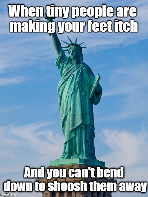And then there's the bird poop problem! | When tiny people are making your feet itch; And you can't bend down to shoosh them away | image tagged in statue of liberty | made w/ Imgflip meme maker