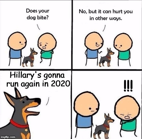does your dog bite | Hillary's gonna run again in 2020; !!! | image tagged in does your dog bite | made w/ Imgflip meme maker